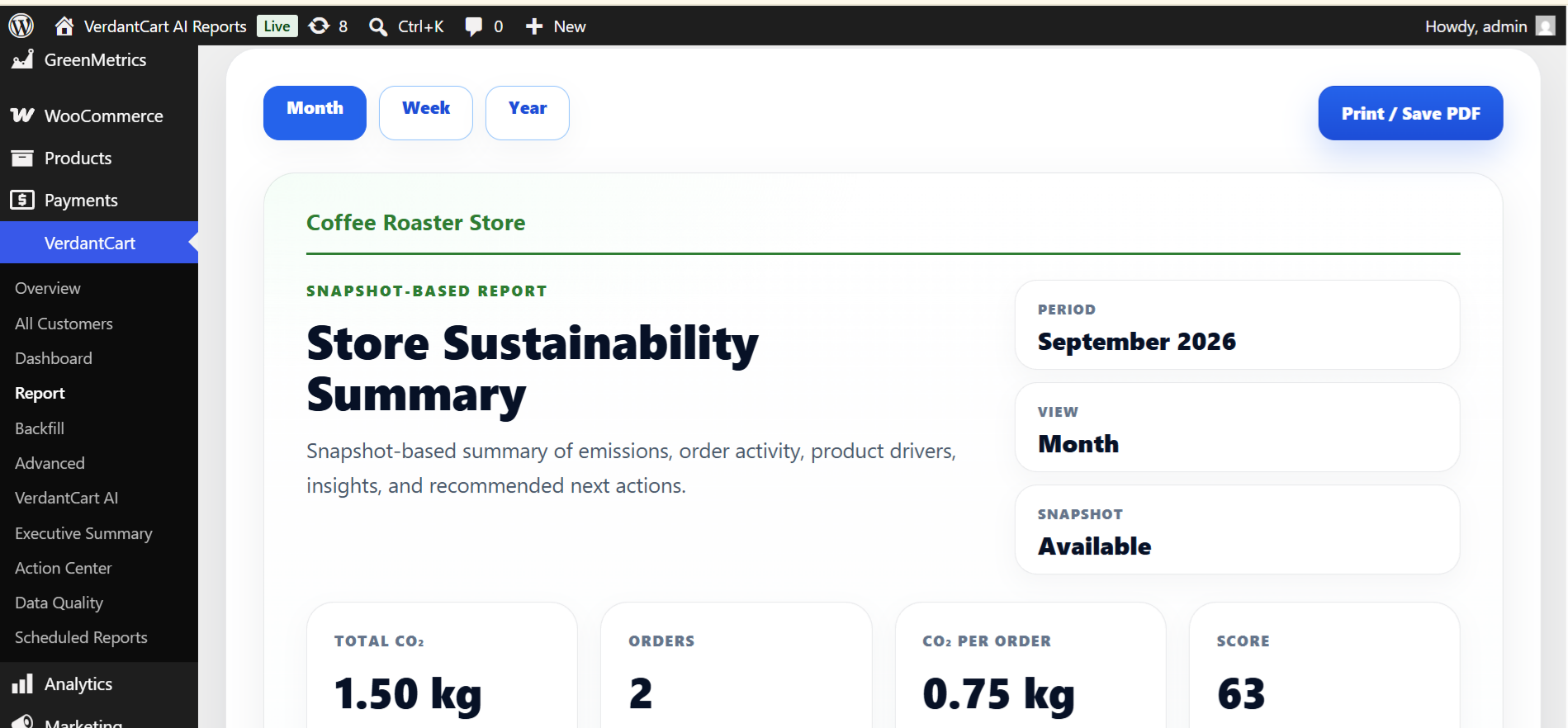 VerdantCart branded Sustainability Report with multi-store selector and PDF export